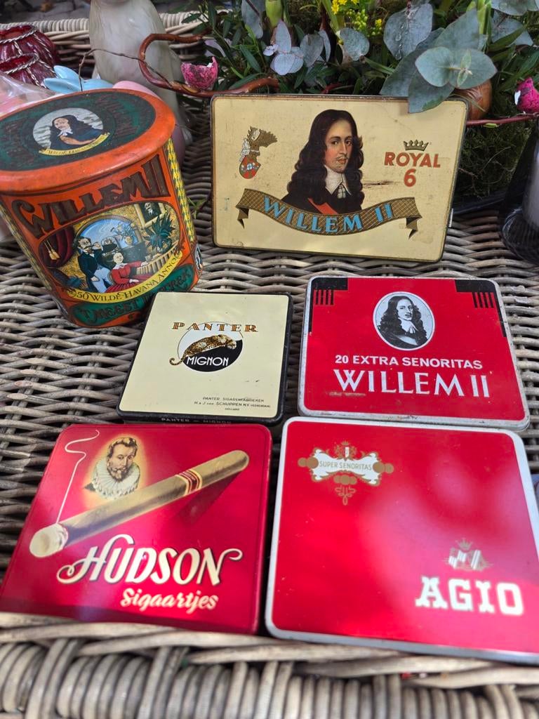 6 vintage sigaren blikjes - Willem II, Hudson, Panter, Agio, Verzamelen, Blikken, Gebruikt, Overige, Overige merken, Ophalen of Verzenden