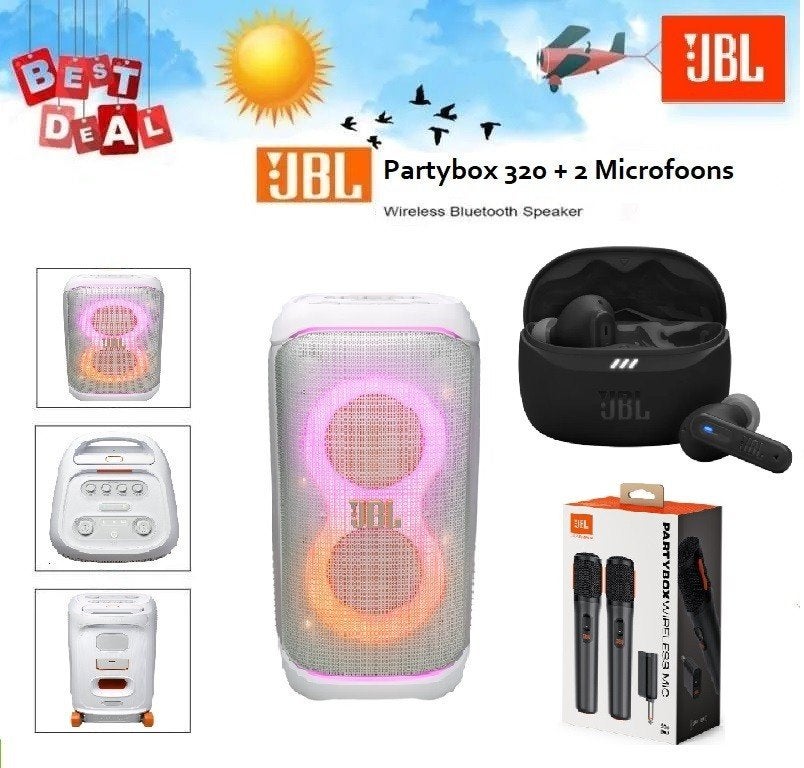 ✅NIEUW✅ JBL Partybox 320 WIT + 2 Mics + 🎁JBL Tune Beam 2, Audio, Tv en Foto, Ophalen of Verzenden, Nieuw, Overige typen, JBL