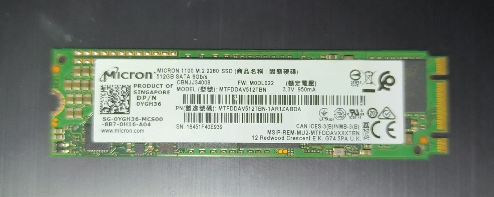 512GB Micron M.2 2280 SATA III 6GB/s 100% werkend en getest, Intern, 512GB, Ophalen of Verzenden, Zo goed als nieuw