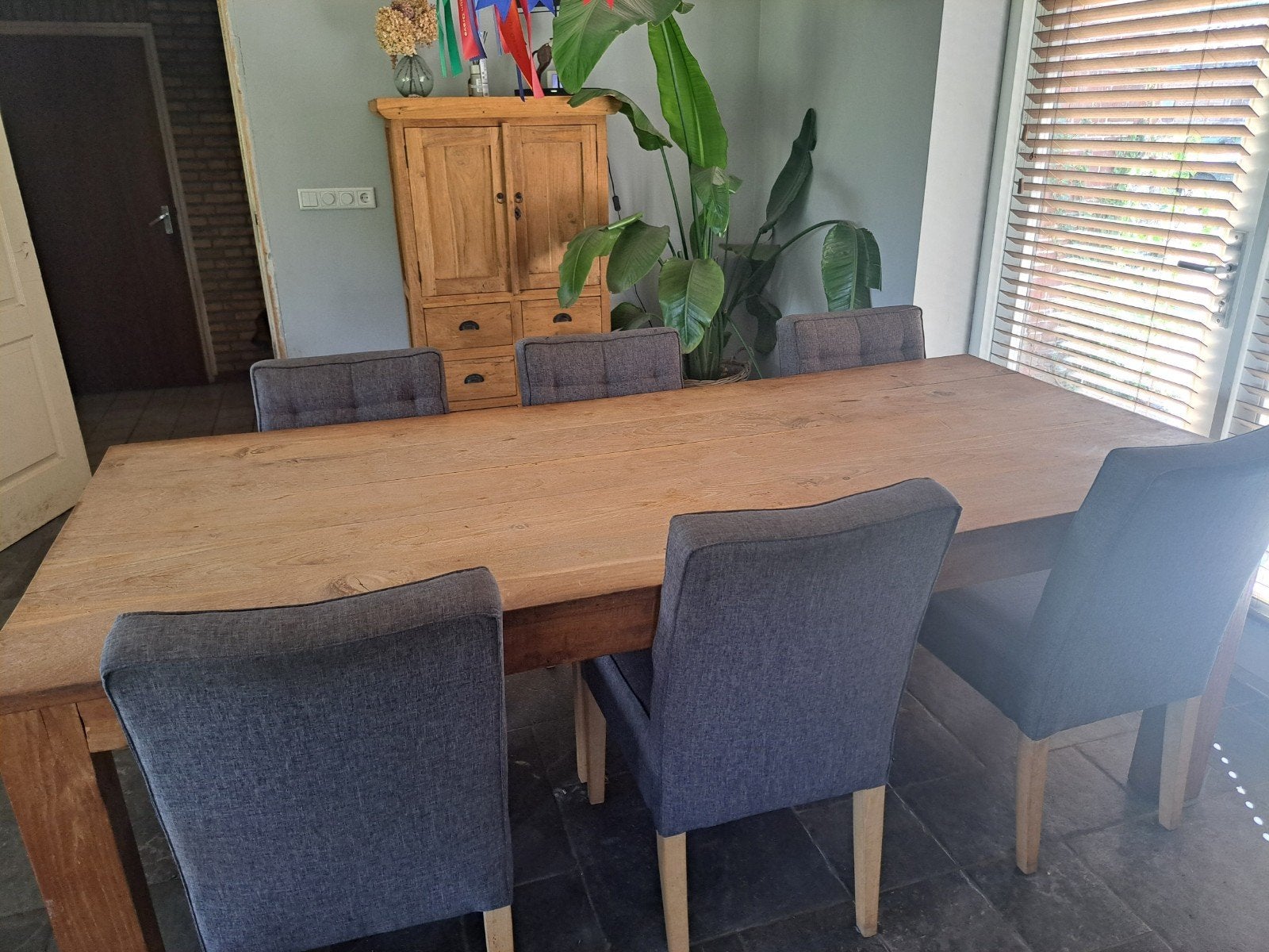 Robuuste teakhouten eettafel, Huis en Inrichting, Ophalen, Gebruikt, 100 tot 150 cm, 200 cm of meer