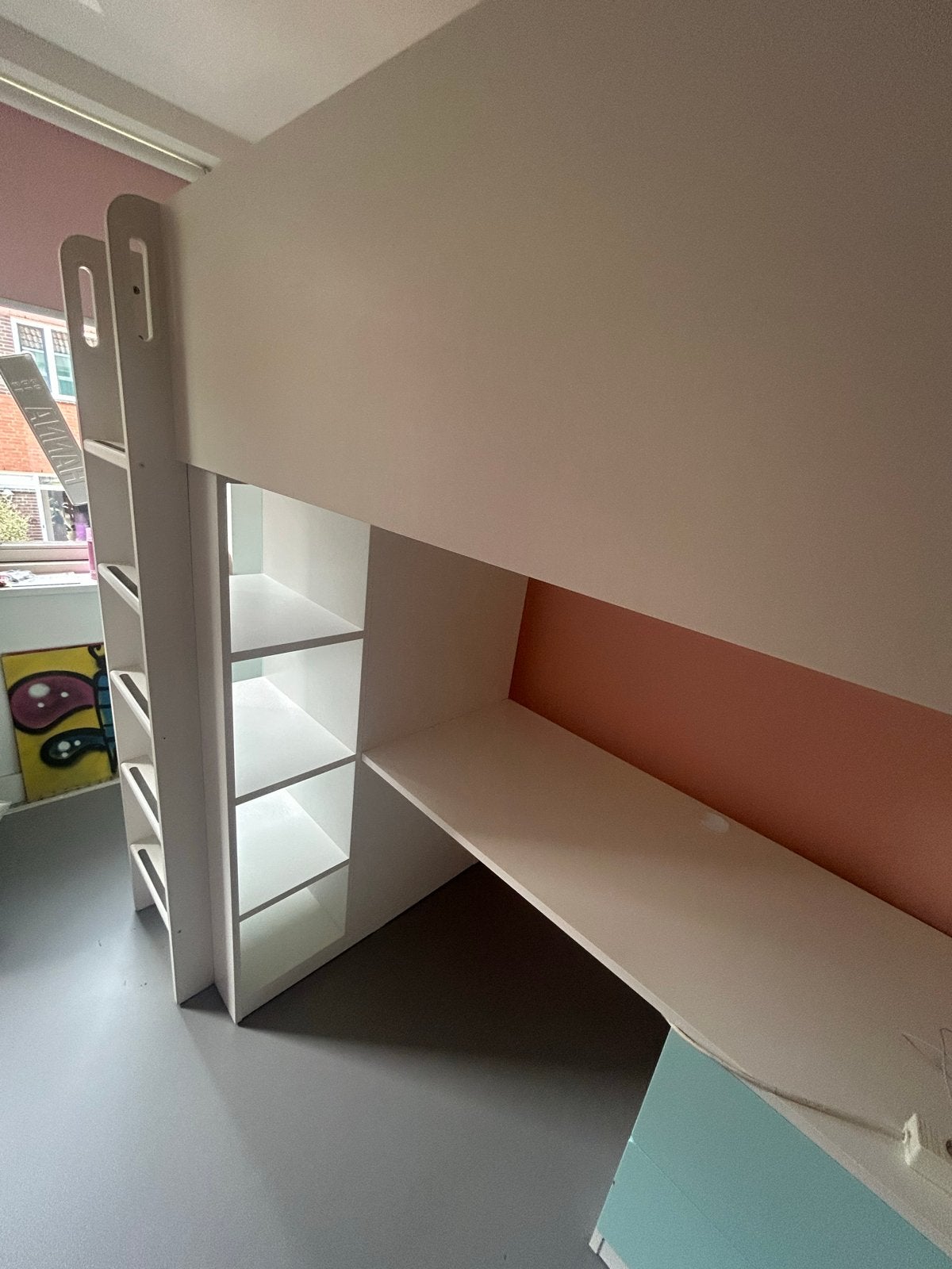 IKEA Hoogslaper met bureau en opbergruimte - wit/mintgroen, Ophalen, Gebruikt, Eenpersoons, 200 cm