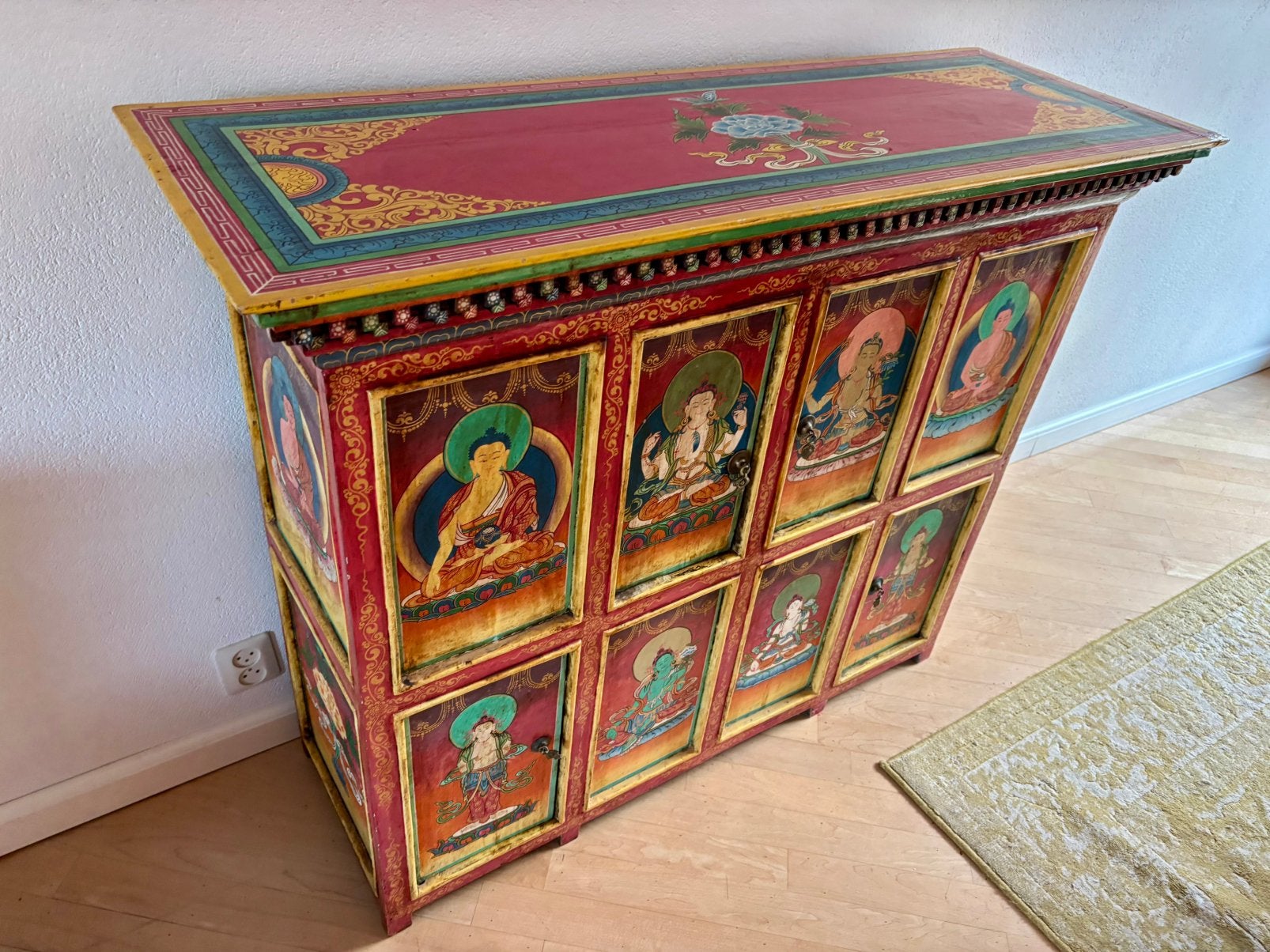 Traditionele vintage tibetaanse houten kast, Ophalen, 100 tot 150 cm, Teakhout, Tibetaans