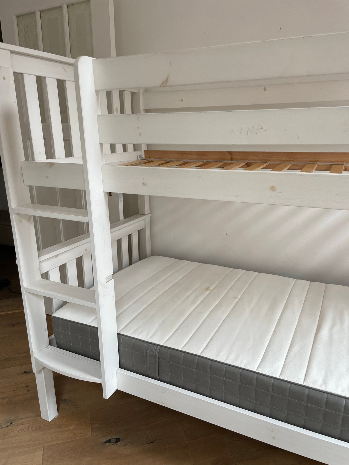 Wit houten stapelbed 90x200 met lattenbodems, Huis en Inrichting, Ophalen, 210 cm, 160 tot 180 cm, Tweepersoons