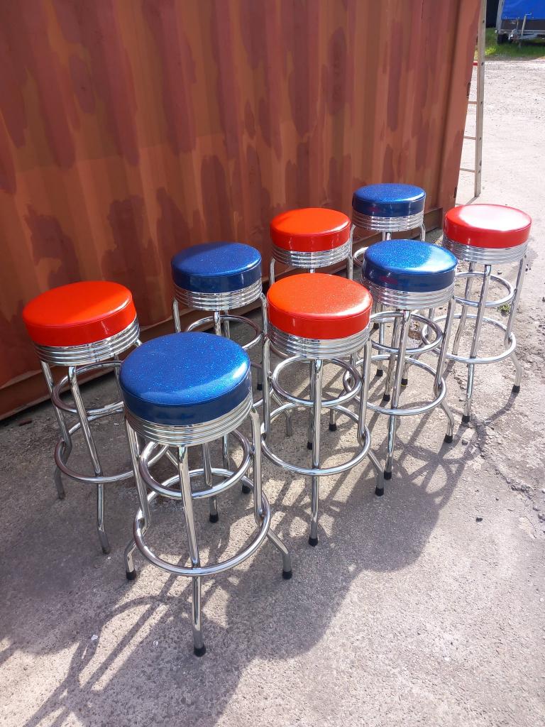 echte vintage chromen barkrukken 50s 60s. nieuw gestoffeerd., Ophalen, Met voetsteun, 60 tot 90 cm, Metaal