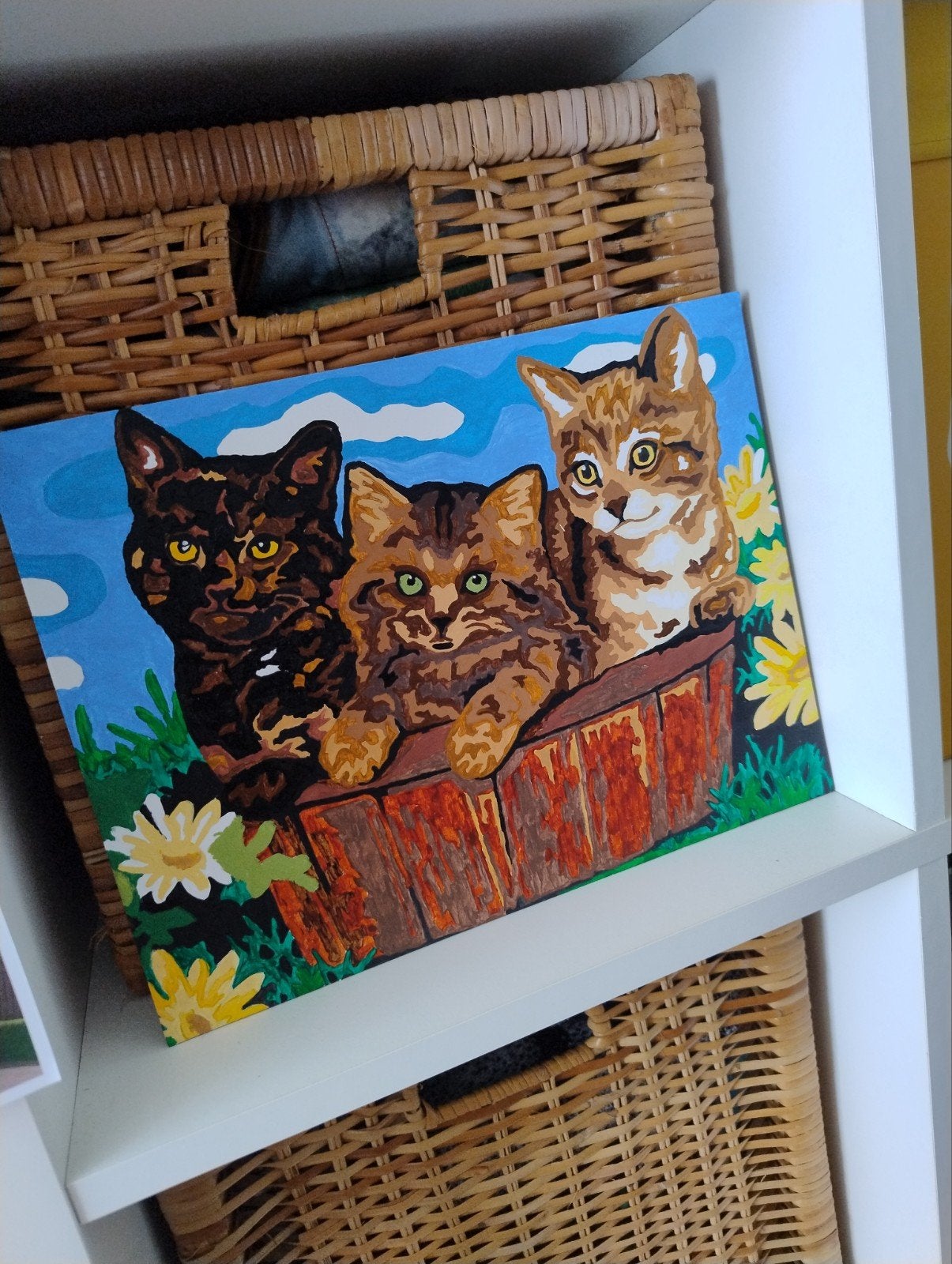 Schilderij van drie schattige katten, Antiek en Kunst, Kunst | Schilderijen | Modern, Ophalen of Verzenden, Overige materialen