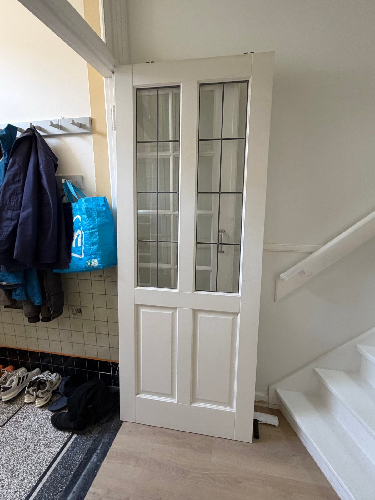 Stompe schuifdeur met glas in lood en kraalprofilering, Ophalen, 80 tot 100 cm, Binnendeur, Nieuw