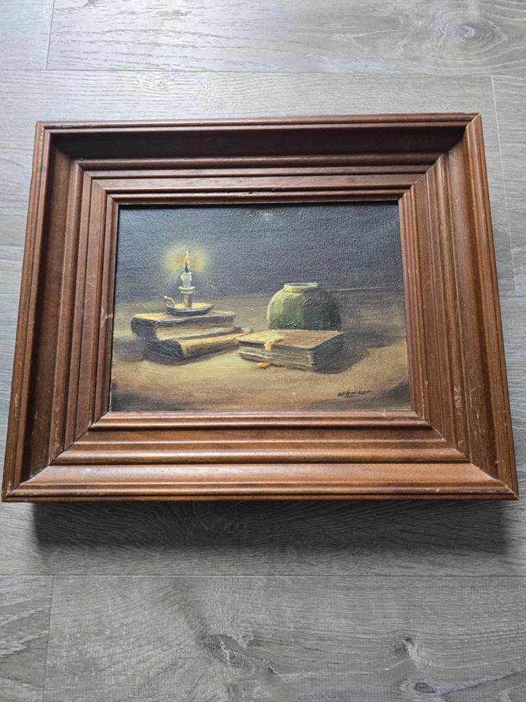 Olieverfschilderij Ad bakker stilleven met kaars en boeken, Antiek en Kunst, Ophalen of Verzenden