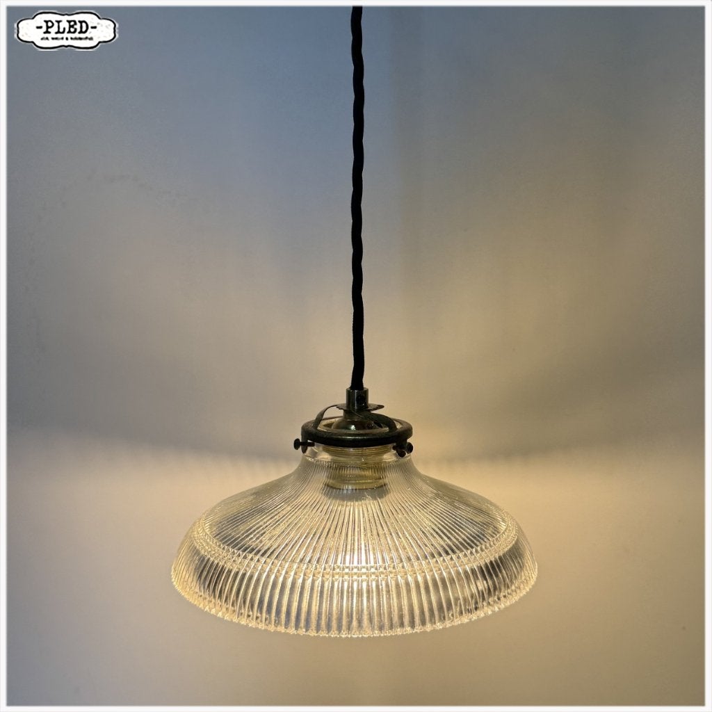Oude holophane hanglamp / nieuw snoer, Gebruikt, Holophane, Holophane, Glas