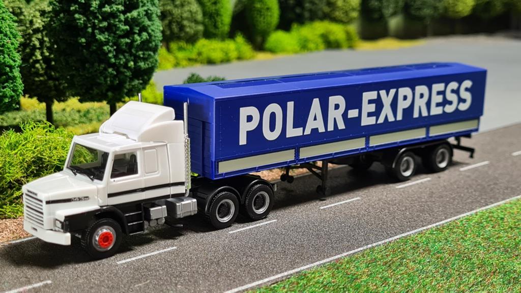 105 Herpa Polar-Express Scania T143 huifoplegger, Ophalen of Verzenden, Nieuw, Bus of Vrachtwagen, Herpa