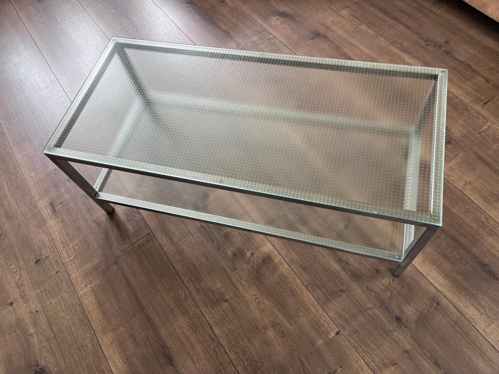 Te koop een design salontafel van staal en draadglas, Huis en Inrichting, Tafels | Salontafels, Ophalen, 100 tot 150 cm, Design