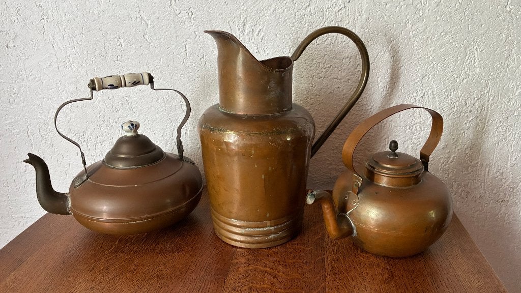 3x Antieke koperen theeketel ketel kan theepot, Antiek en Kunst, Ophalen