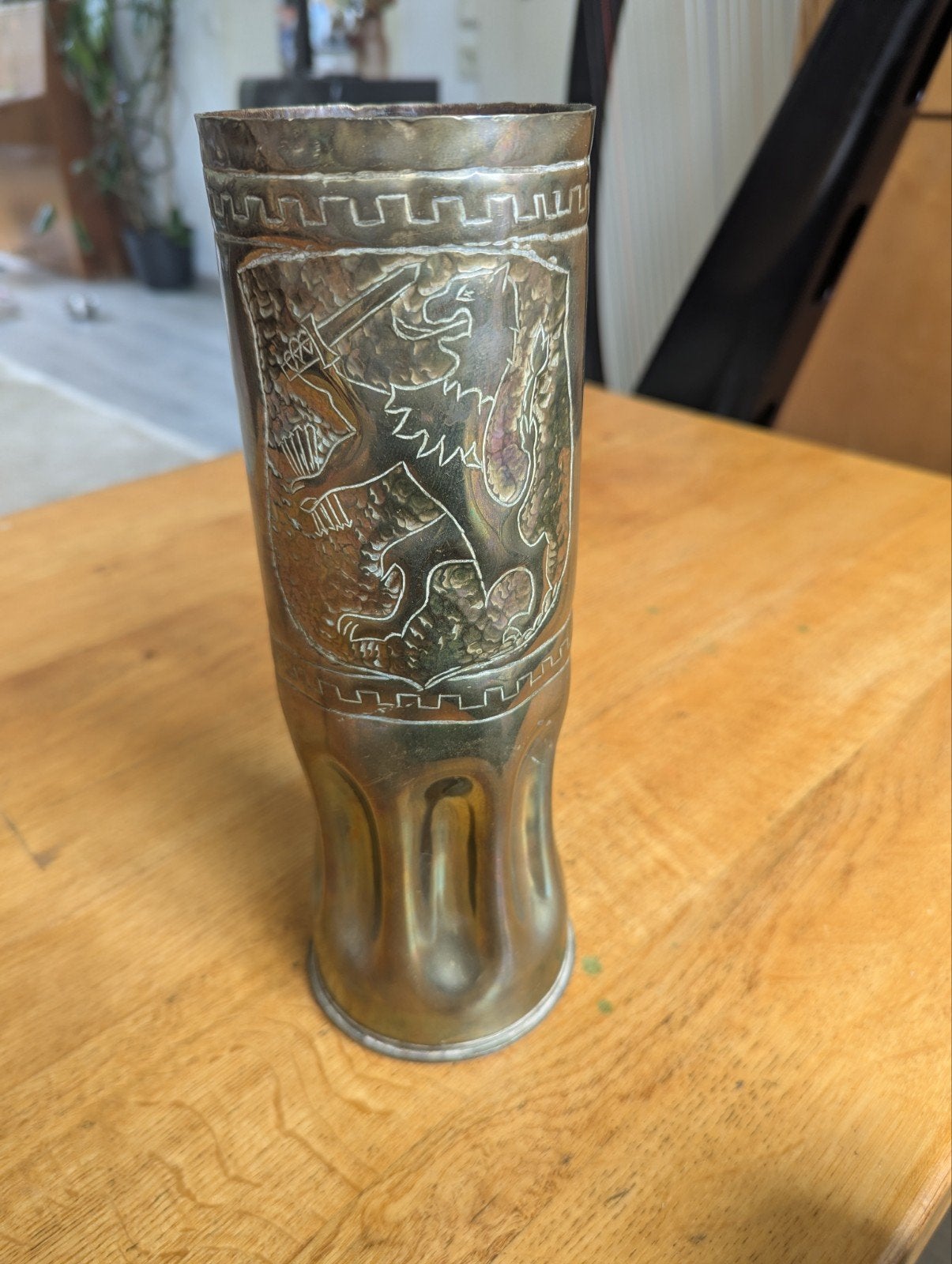 Grote 1942 Trench Art Granaathuls met Leeuw, Ophalen of Verzenden, Landmacht, Nederland, Hulzen of Bodemvondsten