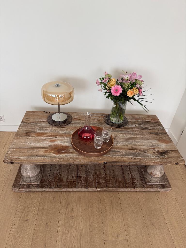 Grote landelijke vintage houten salontafel 160 cm, Ophalen, Gebruikt, Landelijk vintage boerderij, 50 tot 100 cm