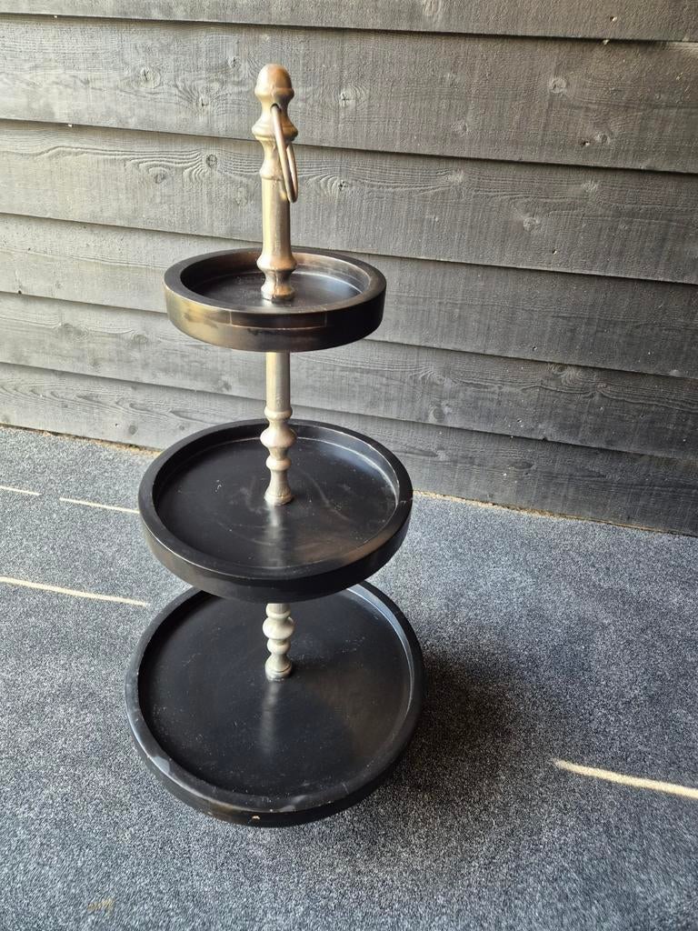 Vintage etagere met 3 lagen - Zwart met goudkleurige details, Ophalen of Verzenden, Gebruikt
