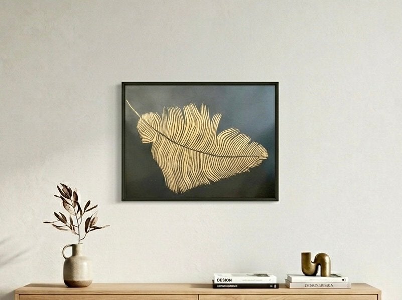 Gouden Veer Schilderij - Modern Abstract Kunstwerk, Antiek en Kunst, Acrylverf, Overig onderwerp, Verzenden, Gesigneerd