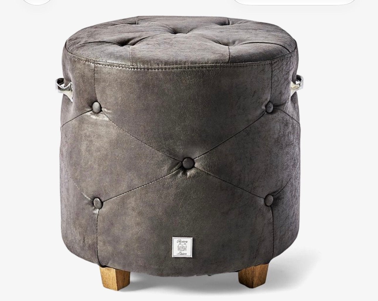 Riviera Maison Bowery Footstool - Poef - Kunstleer - Bruin, Ophalen, Rond, Zo goed als nieuw, Minder dan 50 cm