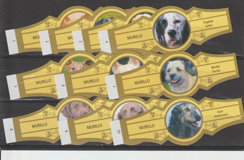 reeks 1586   honden    1-10 sigarenbanden, Ophalen of Verzenden, Zo goed als nieuw, Sigarenbandjes