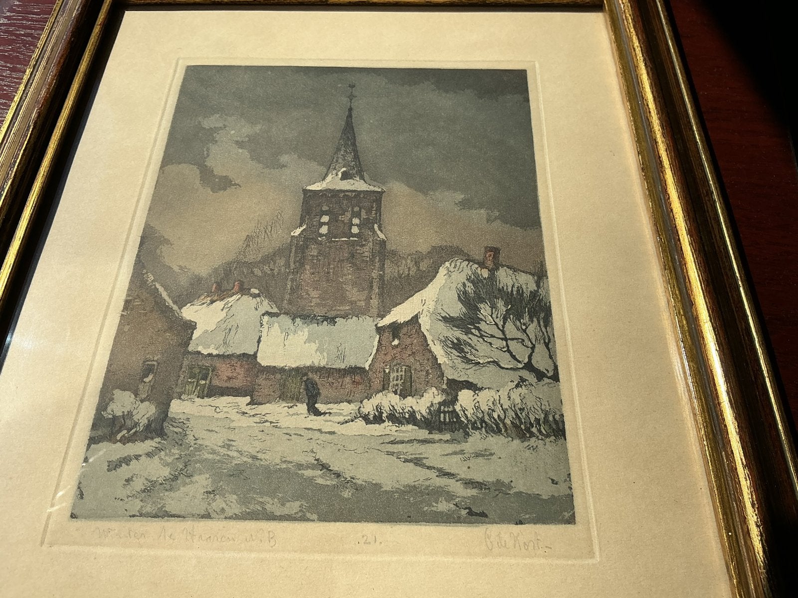 Winterlandschap met kerk en besneeuwde daken - Ets, Antiek en Kunst, Ingelijst, Ets, Ophalen of Verzenden, Landschap