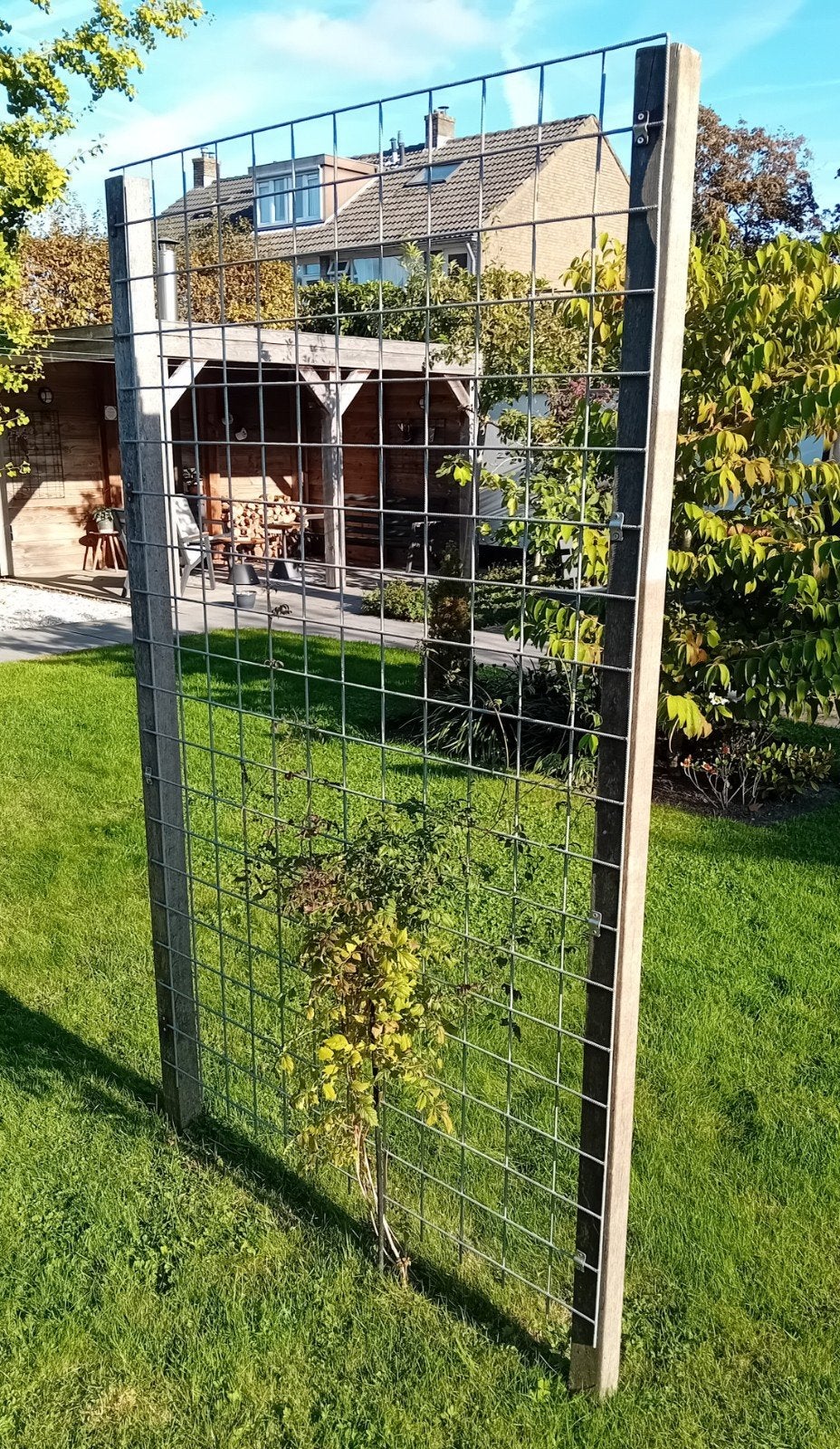 Gegalvaniseerd hekwerk met twee hardhouten palen te koop, Tuin en Terras, Ophalen, Zo goed als nieuw, IJzer, Enkelstaafmat hekwerk