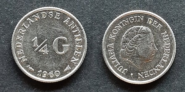 ¼ Gulden Ned. Antillen 1960, Postzegels en Munten, Munten | Nederland, Verzenden, Koningin Juliana, 25 cent, Zilver