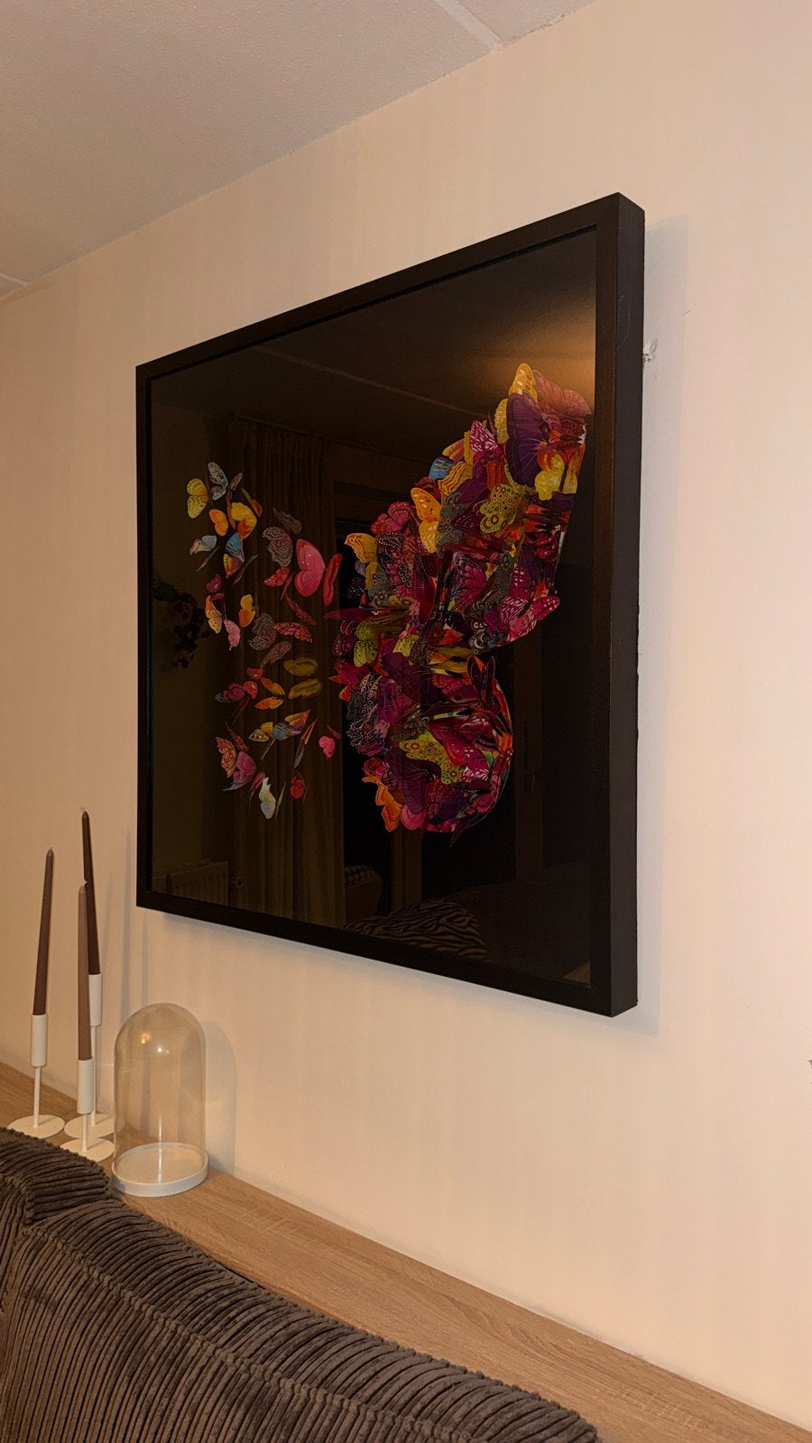 Prachtig 3D vlinder kunstwerk - 90x90cm, Ophalen, Zo goed als nieuw, Schilderij, 75 tot 100 cm
