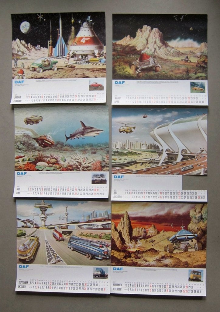 6 losse bladen van de DAF Futur-O-Matic-kalender uit 1971, Verzamelen, Ophalen of Verzenden, Gebruikt, Auto's