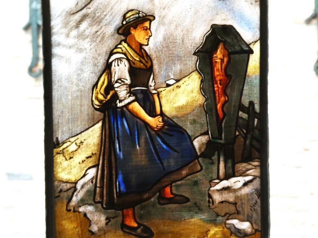 Glas in lood wandeling vrouw wegkruis kruisbeeld in Alpen, Ophalen of Verzenden