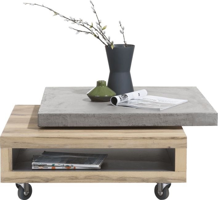 Salontafel met betonlook blad en wielen, Huis en Inrichting, Ophalen, 50 – 75, Gebruikt, 50 tot 100 cm