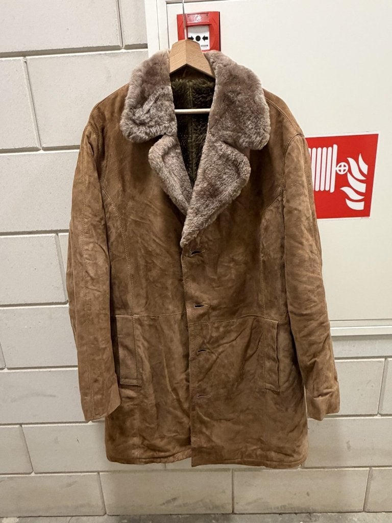 Herenjas suèdelook met bontkraag – warm gevoerd, valt M/L, Ophalen, Gedragen, Maat 48/50 (M), Bruin