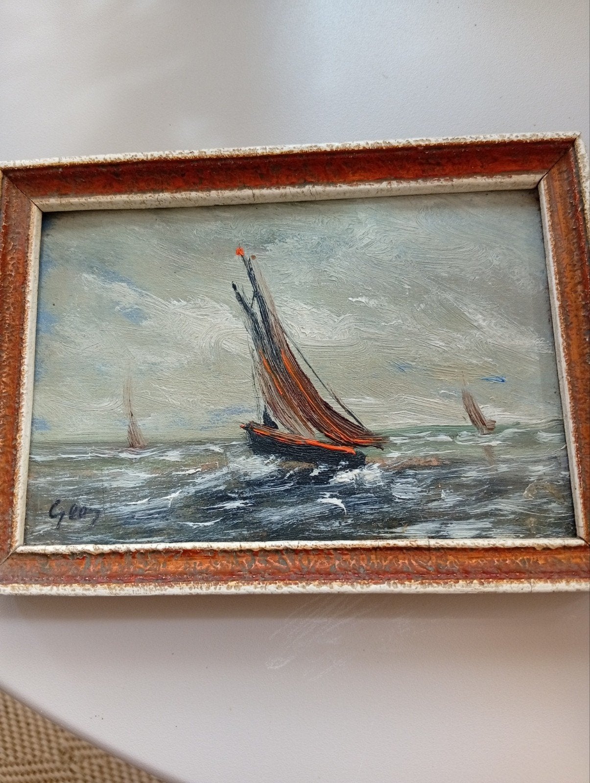 Maritiem schilderij: Zeilboot op woelige zee, gesigneerd, Ophalen of Verzenden
