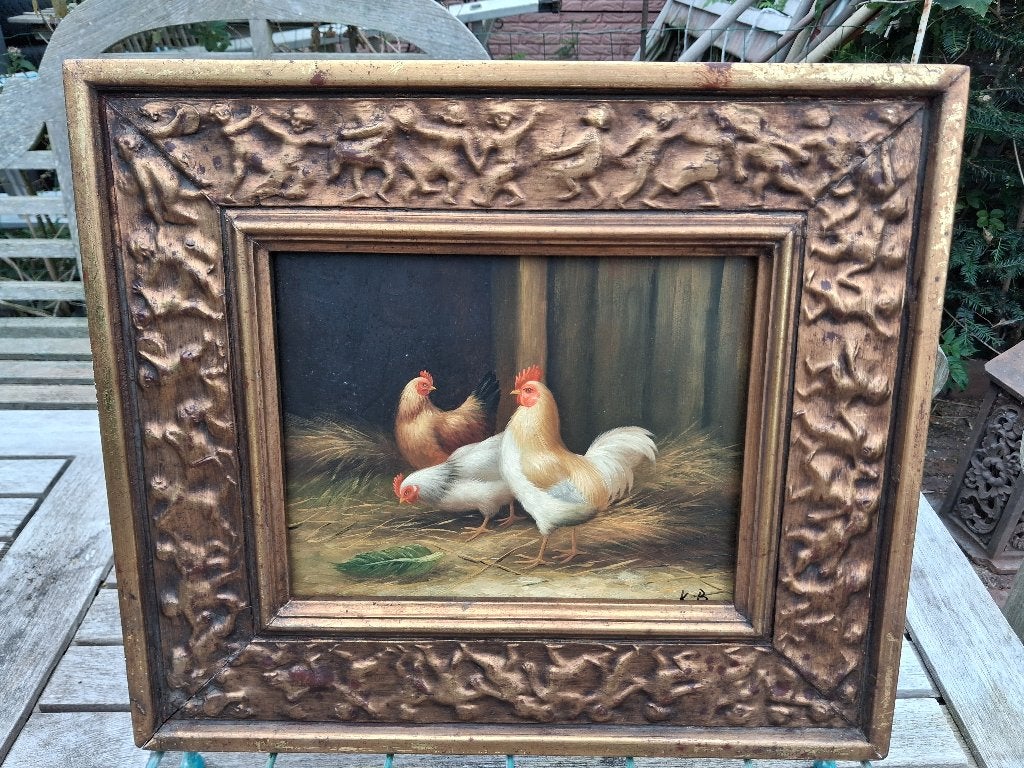 Olieverf op paneel "De Kippen" met bijzondere sierlijst, Paneel, Bijzondere lijst, Dieren, Ophalen of Verzenden