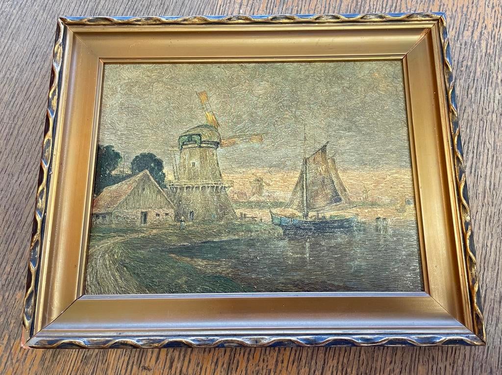 Olieverfschilderij: Molen aan de Haven, Antiek en Kunst, Kunst | Schilderijen | Klassiek, Ophalen of Verzenden