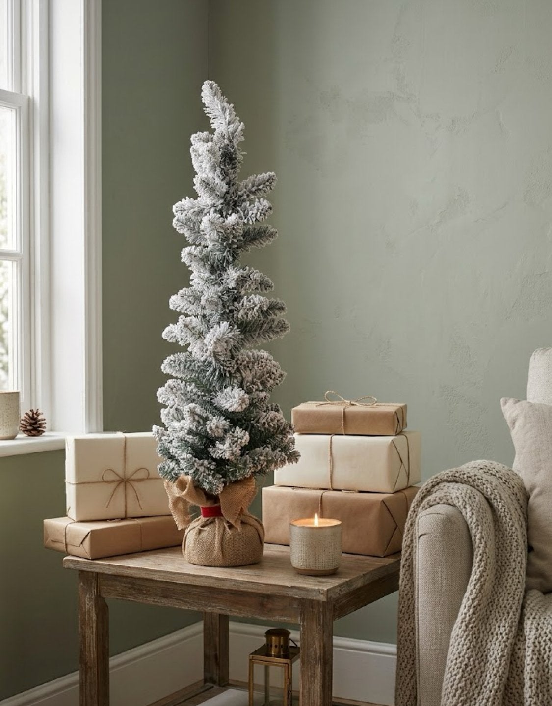 Kerstboompje , wit groen met jute zak 75 cm hoog, Ophalen of Verzenden