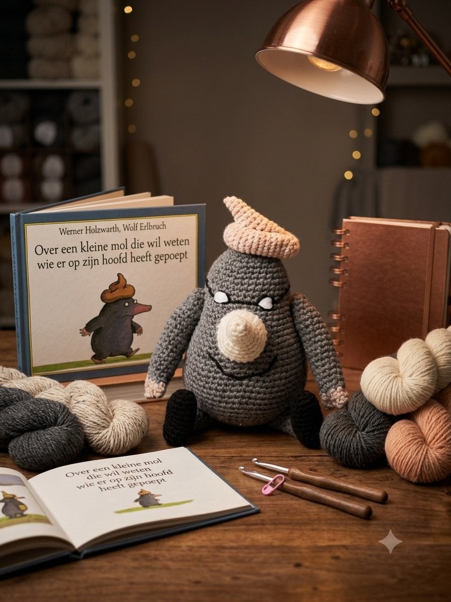 Gehaakte Knuffel: De Kleine Mol met drol op z'n hoofd!, Overige typen, Grijs, Ophalen of Verzenden, Zo goed als nieuw