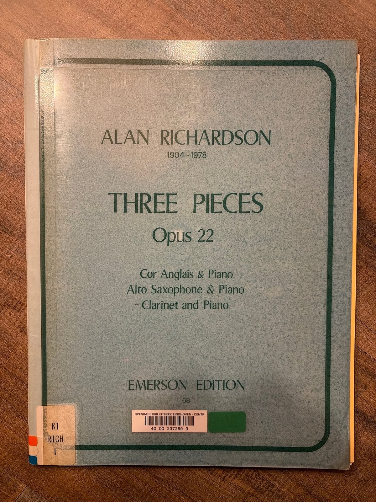Alan Richardson - Three Pieces Opus 22 (Klarinet en Piano), Gebruikt, Klassiek, Ophalen of Verzenden, Klarinet