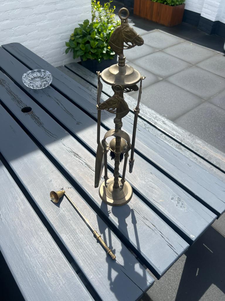 Antiek Messing Openhaardstel met Paardenkoppen, Antiek en Kunst, Ophalen of Verzenden