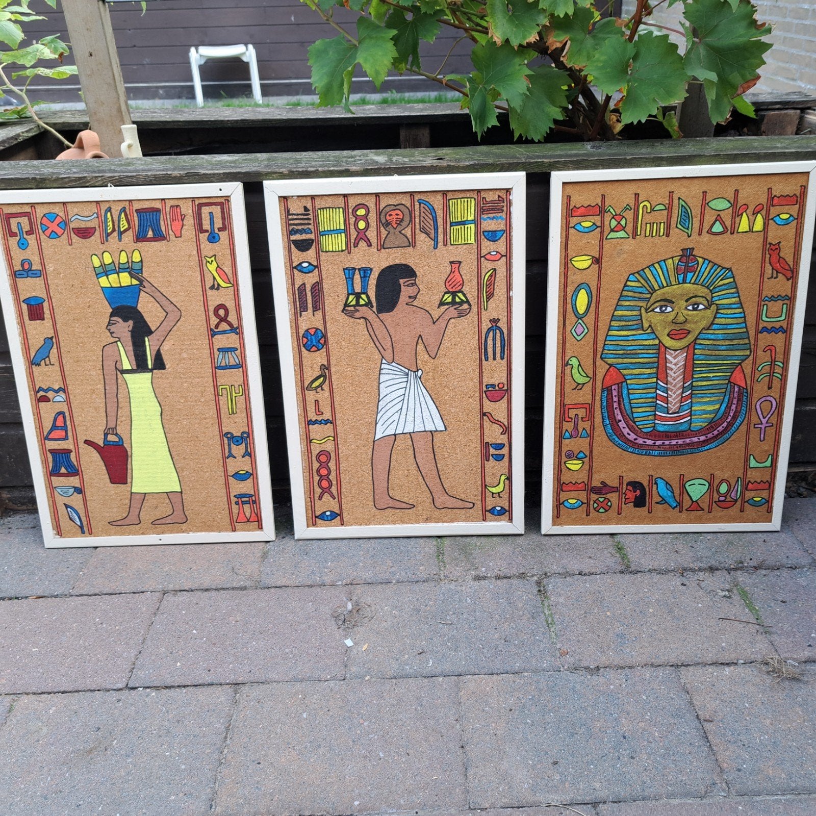 Set van 3 Egyptische schilderijen op kurk, 50 – 75, Minder dan 50 cm, Ophalen of Verzenden, Zo goed als nieuw