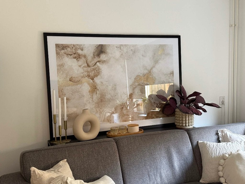 Groot abstract schilderij met lijst 155x104 cm – beige/goud, Antiek en Kunst, Ophalen, Abstract, Hout, Achter glas