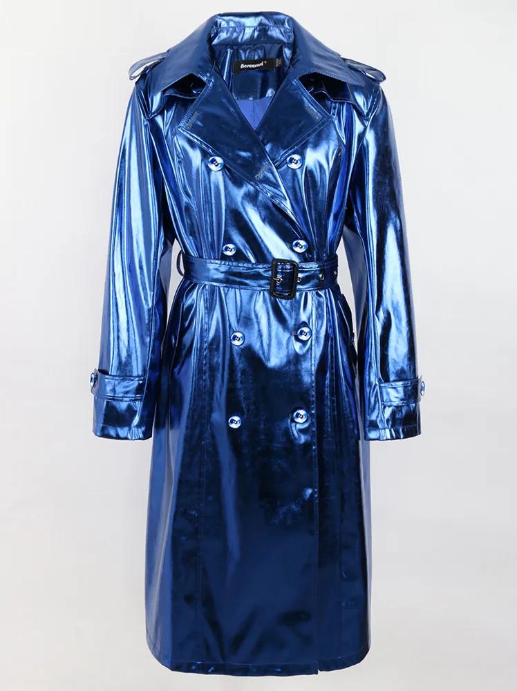Blauwe glimmende dames regenjas trenchcoat lange jas leren, Kleding | Dames, Verzenden, Maat 46/48 (XL) of groter, Nieuw, Overige thema's