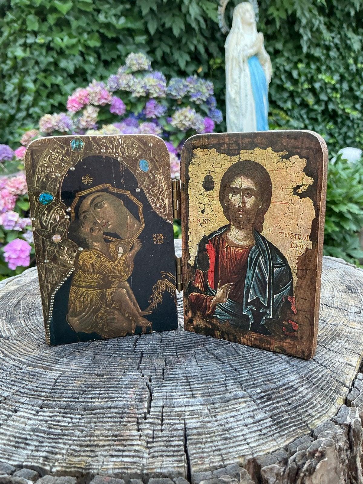 Oud Houten icoon ❤️ huisaltaartje Maria, jezus Christus, Ophalen of Verzenden