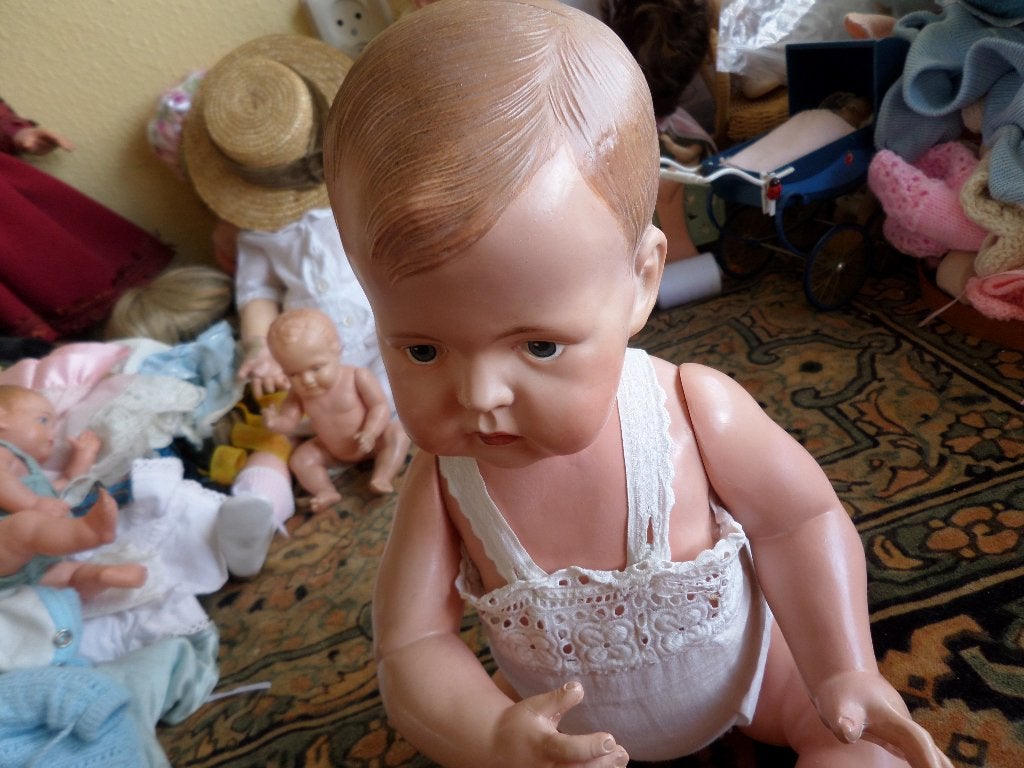 antieke celluloid babypop met gerestaureerd hoofd, Ophalen of Verzenden