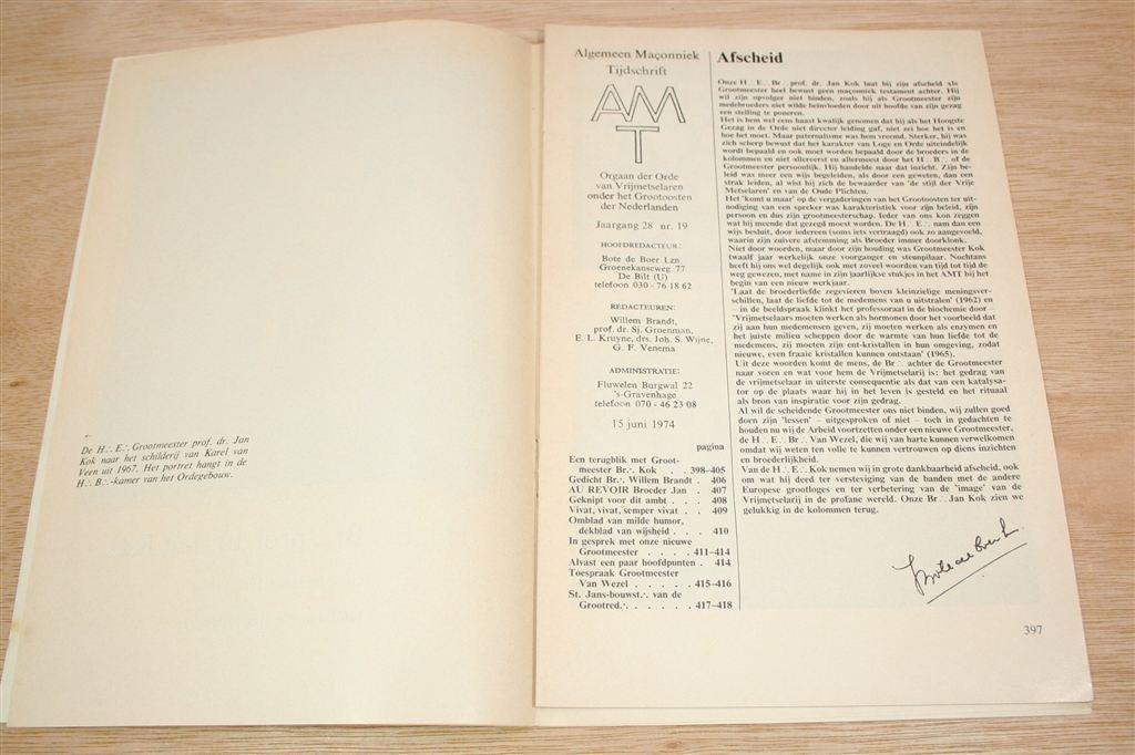 AMT 1974 — Vrijmetselarij — Jan Kok Nummer, Ophalen of Verzenden, Gelezen, Overige onderwerpen, Achtergrond en Informatie
