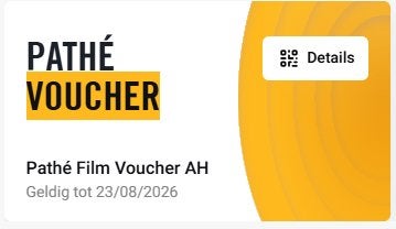 Pathé Film Voucher AH tm 23-08-2026, Tickets en Kaartjes, Drie personen of meer, Niet van toepassing, Vrijkaartje alle films