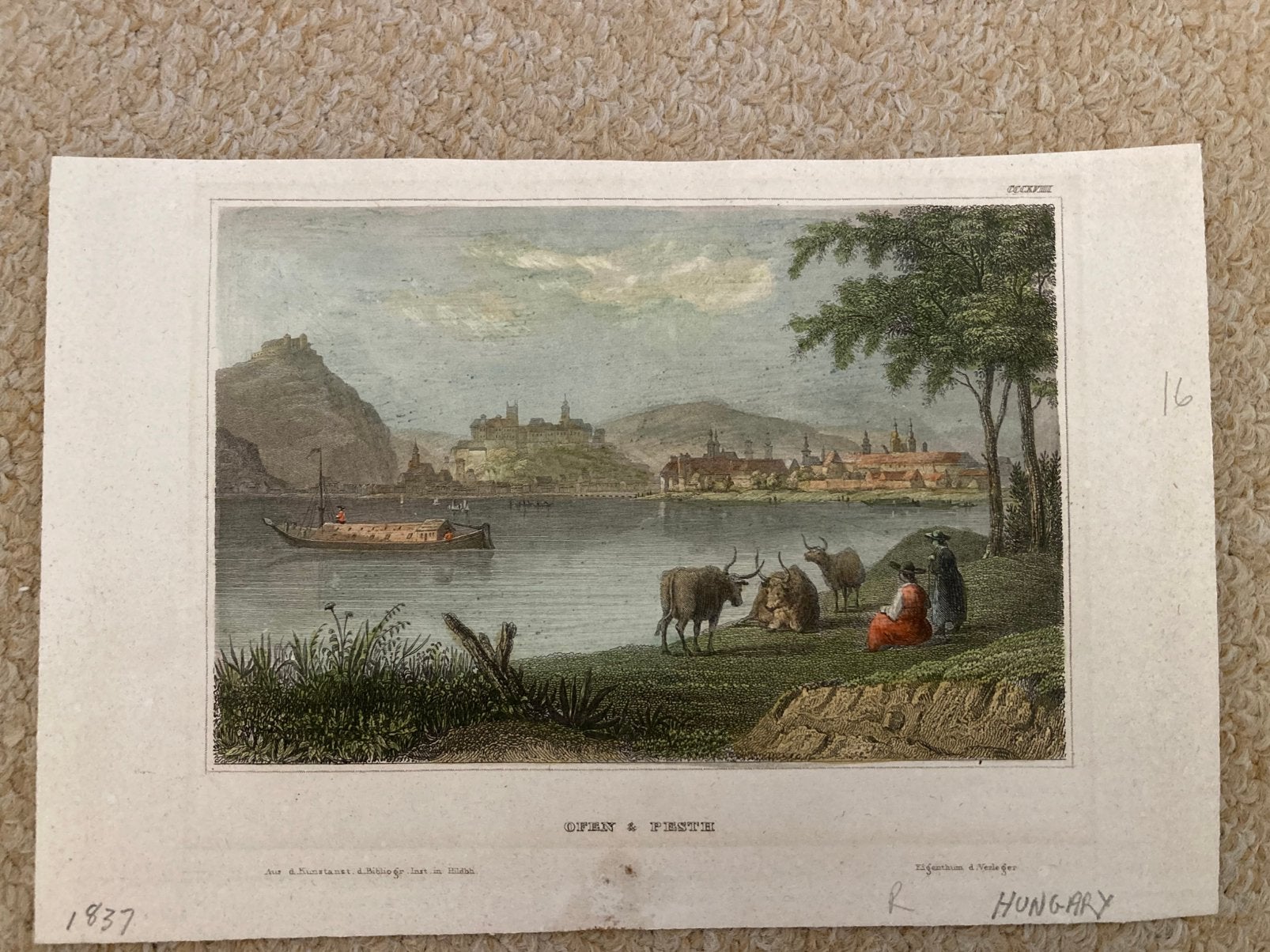 Ofen & Peste, 1837, gravure Hongarije, afm. 15x10cm., kleur., Stadsgezicht, Ophalen of Verzenden, Gravure, Blanco verso
