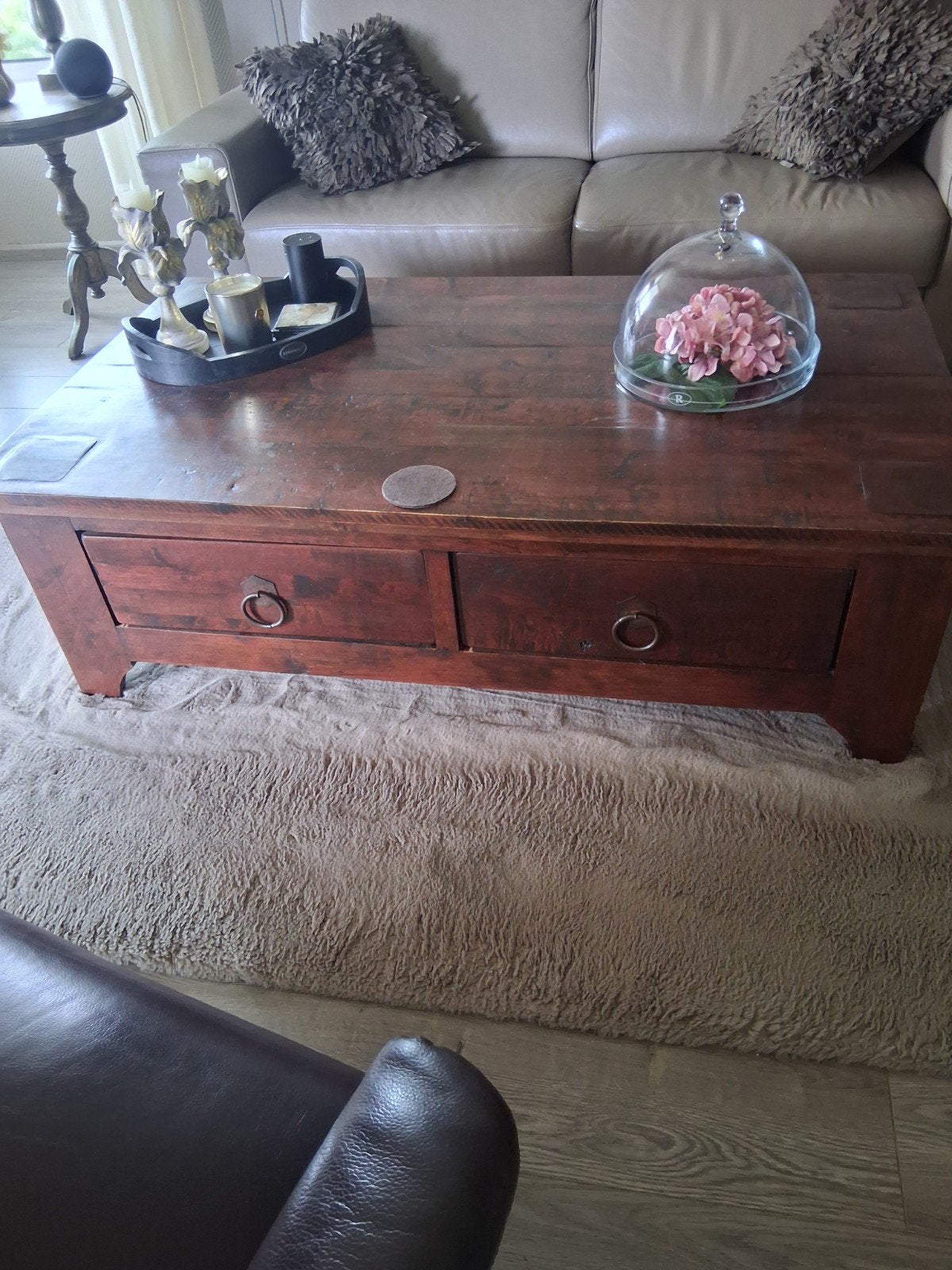 Salontafel met lades, massief hout.Twee grote lades, Ophalen, Gebruikt, 100 tot 150 cm, Teakhout