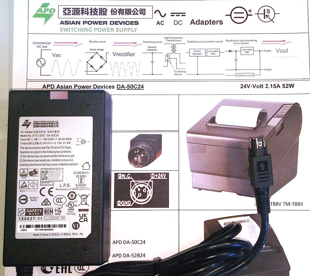 Asian Power Devices ADP 24V 2.1A 52W Adapter Kassabonprinter, Computers en Software, Printerbenodigdheden, Zo goed als nieuw, Overige typen