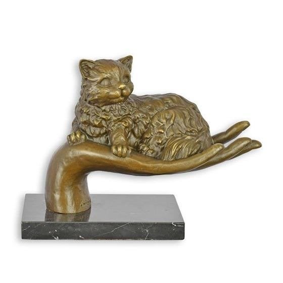 bronzen poes op hand, Ophalen of Verzenden