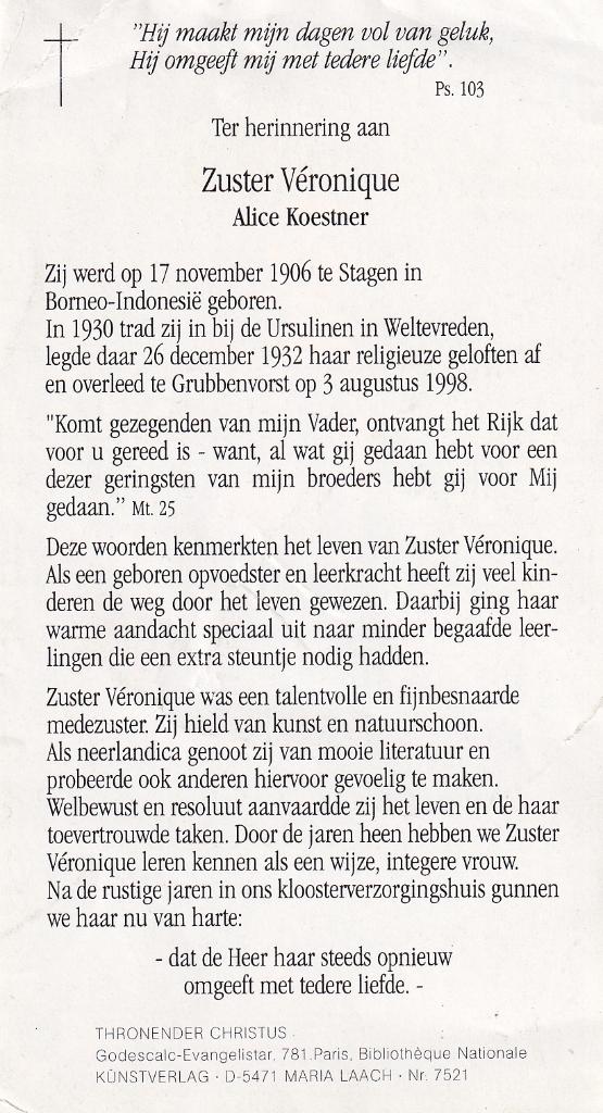 Koestner Alice 1906 Stagen Indonesië 1998 Grubbenvorst zuste, Verzamelen, Ophalen of Verzenden, Bidprentje