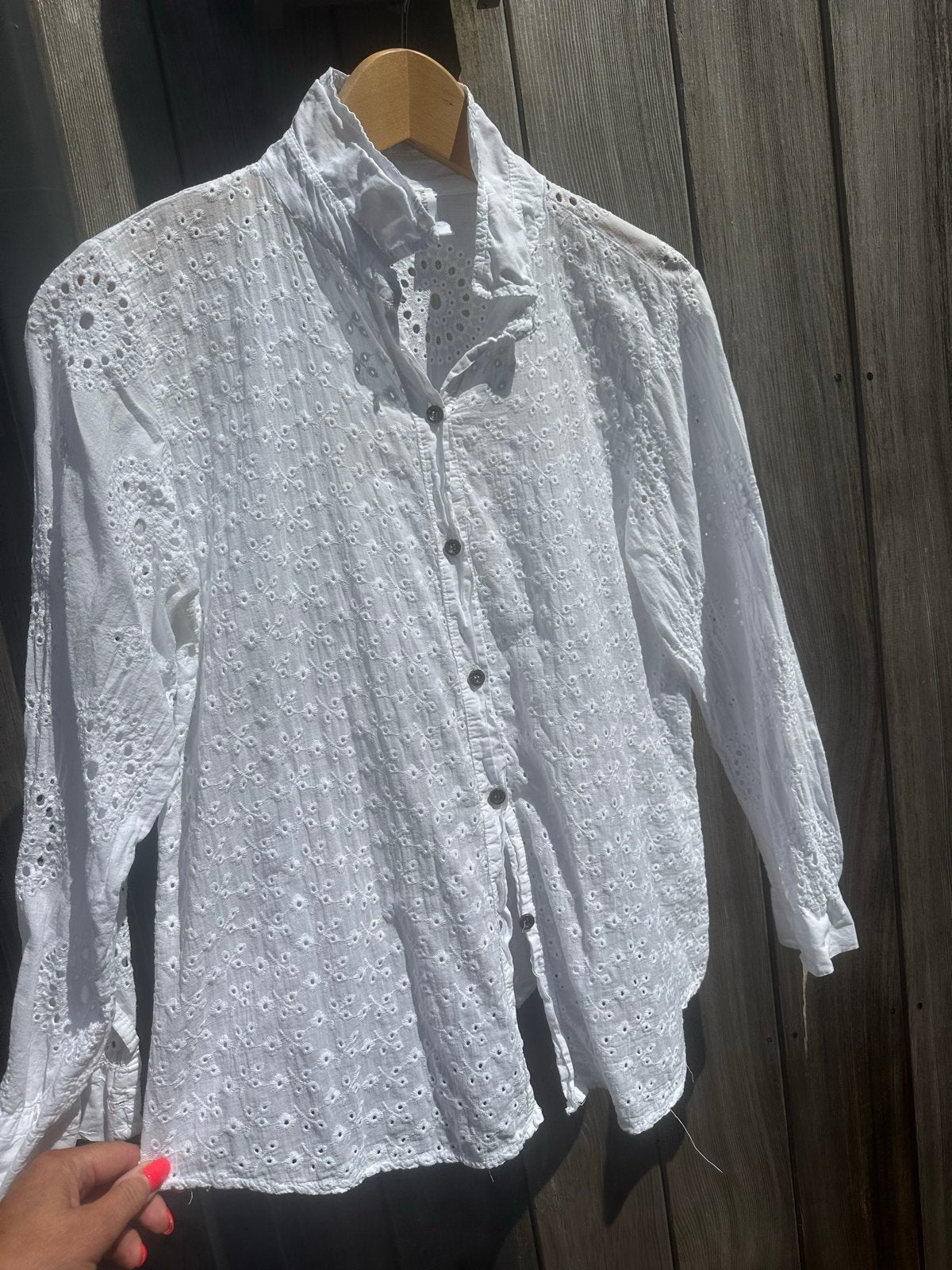 Witte blouse met broderie - Maat M, Ophalen of Verzenden, Gedragen, Maat 38/40 (M), Wit