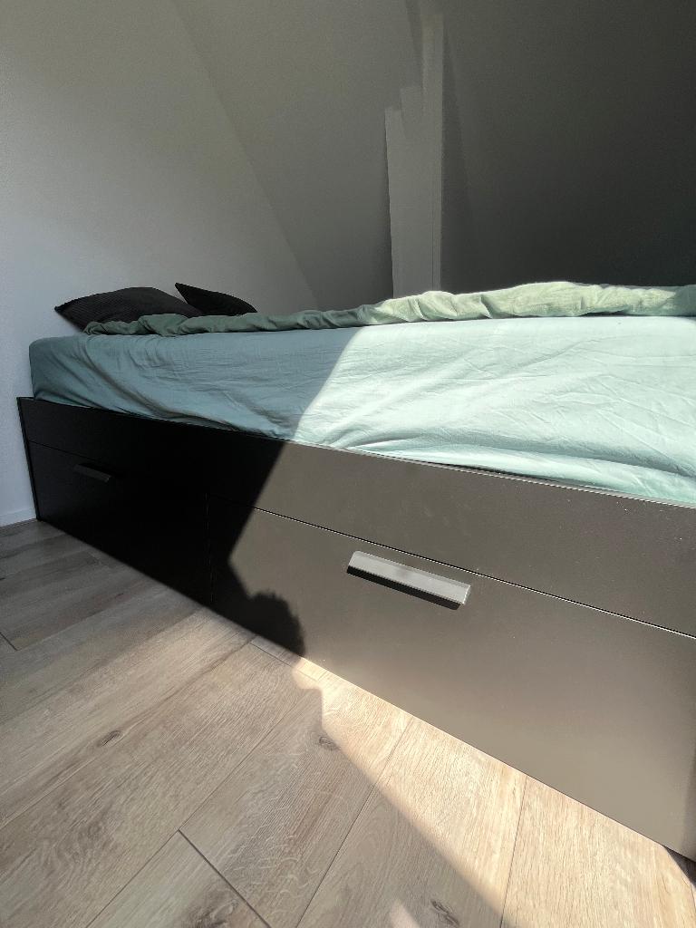 Bedframe IKEA BRIMNES, Ophalen, Zwart, Matte finish, 140 cm